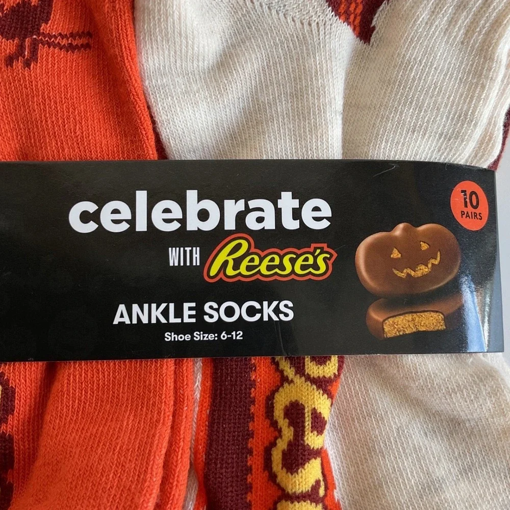 Reese's Halloween Ankle Socks 10 Pair Pack Shoe Size 6-12 Orange Brown Pumpkin